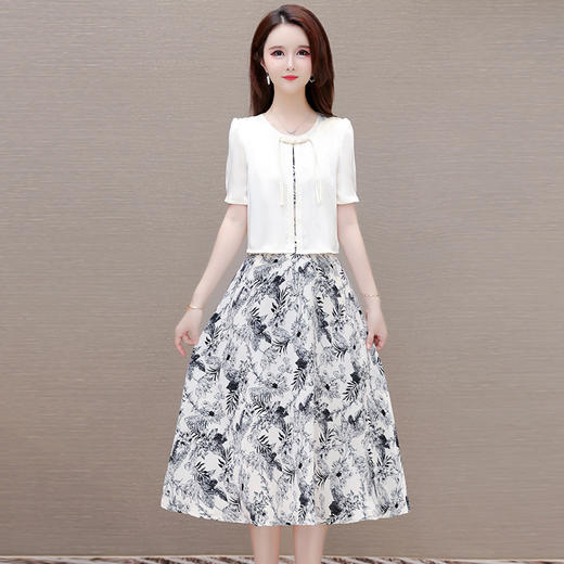 OYMOMS-CA4326-L中长款假两件修身时尚连衣裙2024年夏款短袖印花通勤气质A字裙 商品图0