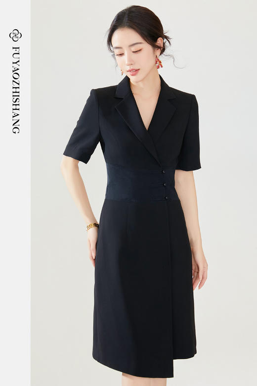 FUYAO扶摇 夏季女装连衣裙高级感黑色拼接西装裙新中式工作服裙子 商品图5