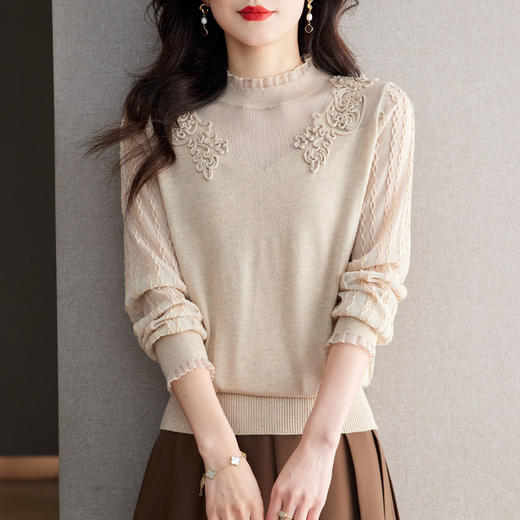 CC17-1918镂空针织衫女上衣洋气春装2024年新款春秋女装长袖妈妈蕾丝打底衫 商品图1