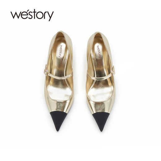 westory2024春季新款尖头拼色玛丽珍复古气质百搭坡跟高跟鞋W24AE57321 商品图1