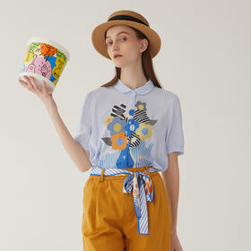 谜底定位印花衬衫短袖女2024夏新款复古小翻领宽松衬衣246MC7012