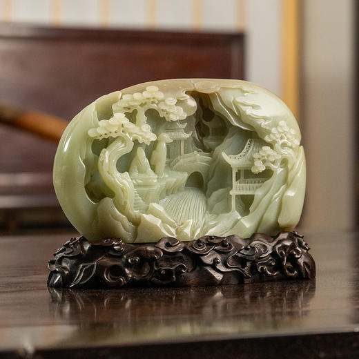 二十世纪 玉雕高山流水山子摆件（红木座） 商品图1
