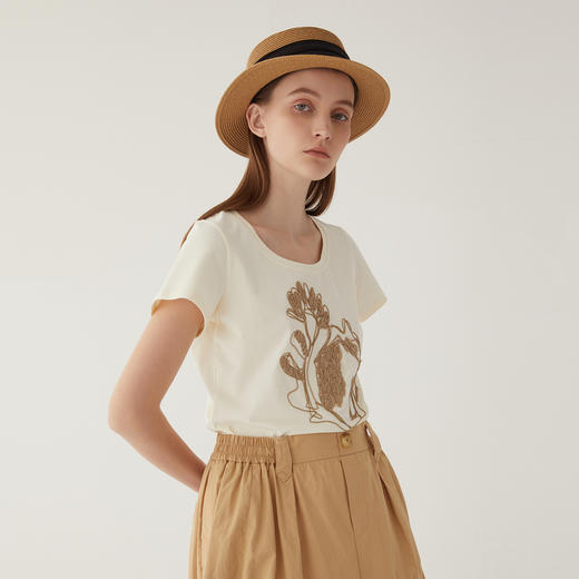 谜底2024夏新款圆领短款修身显瘦T恤女绣花百搭上衣短袖246MT7048 商品图0