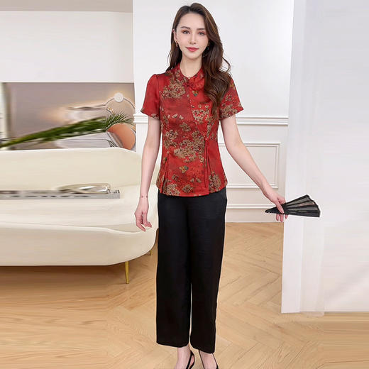 OYM-OMS-YQA422-L夏款印花短袖国风时尚小衫简约宽松休闲显瘦阔腿裤妈妈装两件套裤 商品图1