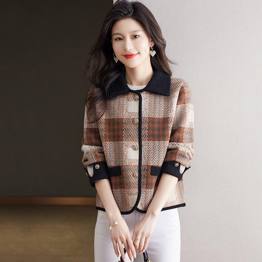 CC17-1929春秋小个子短外套女2024新款洋气翻领小香风针织开衫格子宽松上衣 商品图0