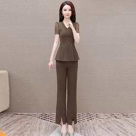 QYMOMS-YQA411-L2024年夏款短款显瘦修身时尚短袖小衫简约休闲开叉阔腿裤两件套装