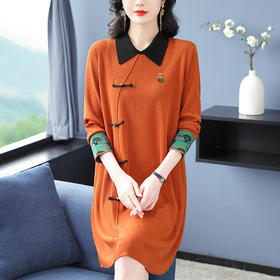TZF-针织中长款T恤春季新款宽松减龄时尚连衣裙中国风长袖裙子