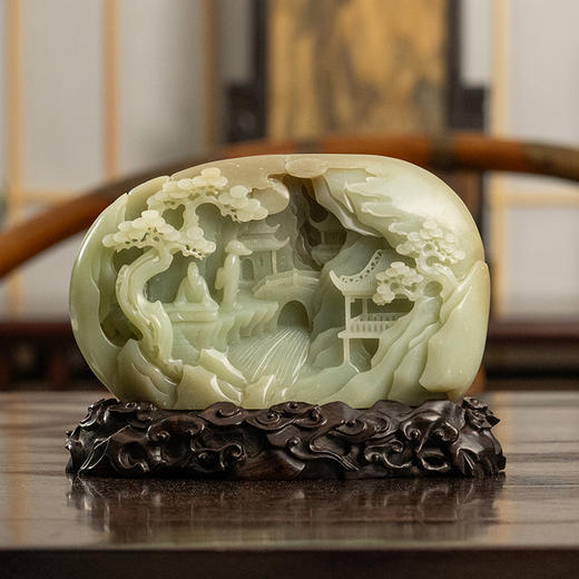 二十世纪 玉雕高山流水山子摆件（红木座） 商品图0