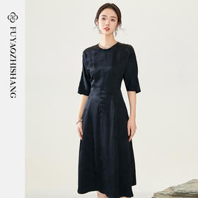FUYAO扶摇 新中式盘扣连衣裙女黑色清雅提花长裙2024夏季短袖裙子