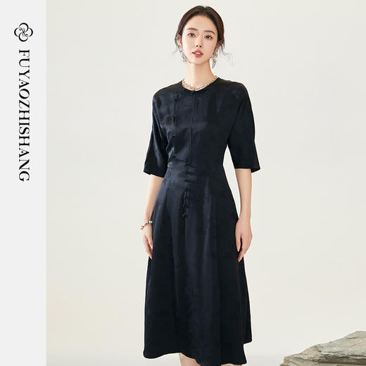 FUYAO扶摇 新中式盘扣连衣裙女黑色清雅提花长裙2024夏季短袖裙子 商品图0