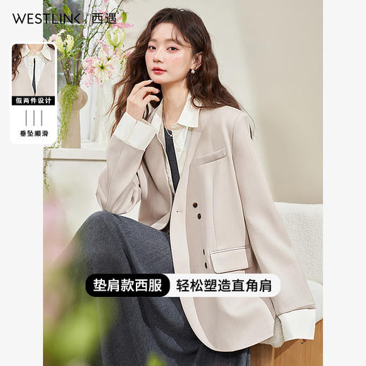 假两件翻领休闲通勤廓形西装外套女春季新款拼接袖口西服V0040538 商品图0