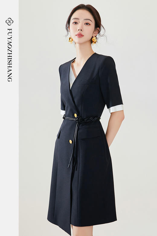 FUYAO扶摇 夏季连衣裙女新款假两件裙子中式盘结腰带设计感西装裙 商品图5