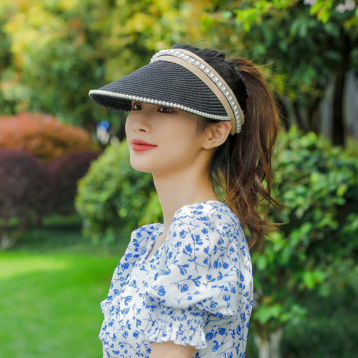 【时尚美观显头小！夏季珍珠遮阳帽】遮阳防晒防紫外线，小众设计，海边沙滩太阳空顶帽子，夏季草帽 商品图3