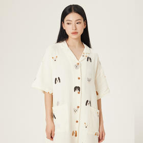连绵·双层纱绉布100%棉开襟小狗图案连衣裙（女款）