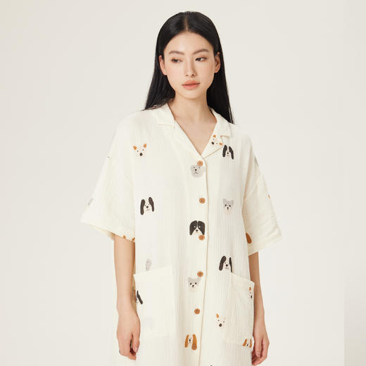 连绵·双层纱绉布100%棉开襟小狗图案连衣裙（女款） 商品图0