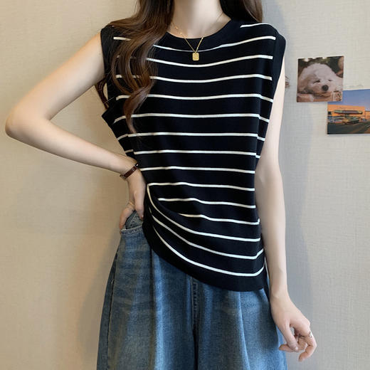 2025夏装新款大码洋气条纹背心T恤胖mm宽松冰丝针织吊带上衣 商品图3