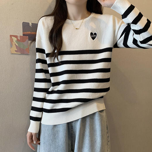 大码女2025春季新款显瘦宽松条纹针织打底衫胖妹妹遮肚高级感上衣 商品图5
