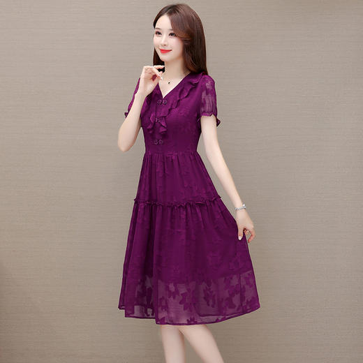 OYMXQD-Q2301-L-2024年夏款中长款提花时尚雪纺裙V领短袖修身显瘦洋气休闲连衣裙 商品图1