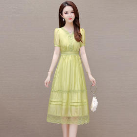 QYM-SLA432夏款长款蕾丝拼接修身时尚连衣裙V领短袖显瘦优雅洋气A字裙
