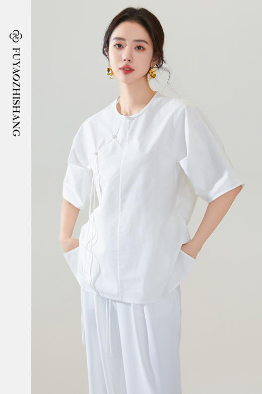 FUYAO扶摇 白色衬衫女新中式斜襟上衣2024夏季新款汉元素纯棉衬衣 商品图5