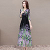 OYMOMS-SA406-L-洋气印花连衣裙2024年夏款长款V领五分袖收腰时尚优雅气质雪纺裙 商品缩略图2
