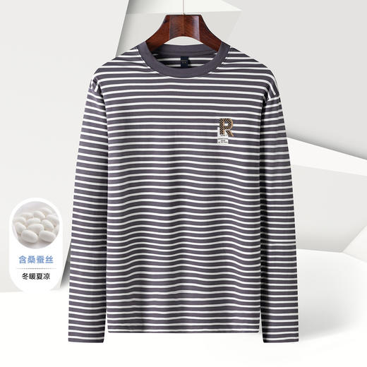 【桑蚕丝混纺】罗蒙春夏长袖T恤男士海魂衫休闲百搭经典男士圆领条纹T恤 商品图6