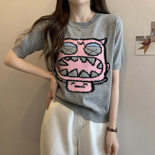 大码卡通提花短袖冰丝针织衫女2025新款夏季胖mm短款减龄上衣洋气 商品图2