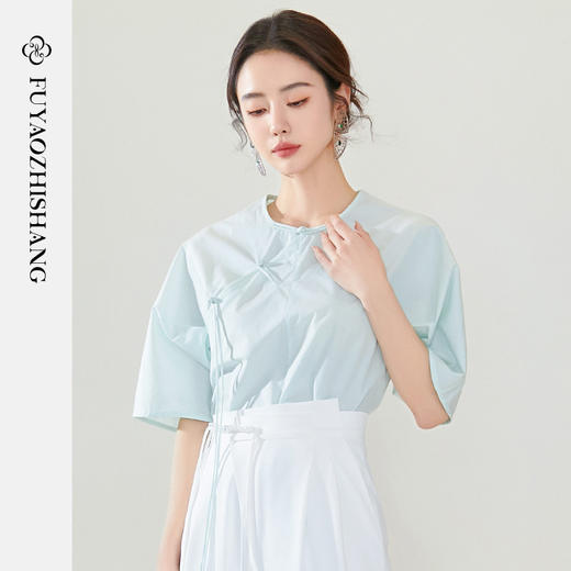 FUYAO扶摇 新中式衬衫女国风盘扣衬衣圆领纯棉五分袖上衣夏季新款 商品图3