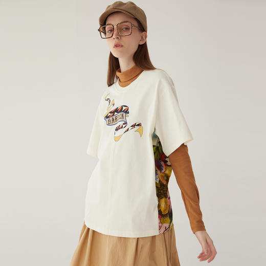 谜底宽松印花T恤女2024夏季新款复古印花后背拼接上衣女246MT7049 商品图1