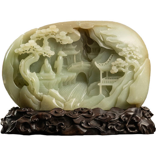 二十世纪 玉雕高山流水山子摆件（红木座） 商品图5