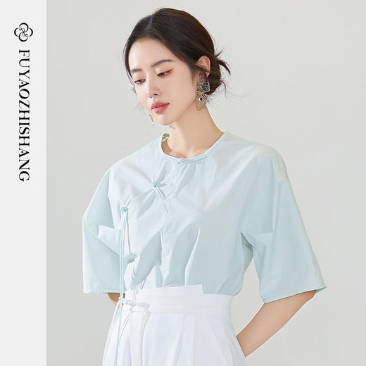 FUYAO扶摇 新中式衬衫女国风盘扣衬衣圆领纯棉五分袖上衣夏季新款 商品图0