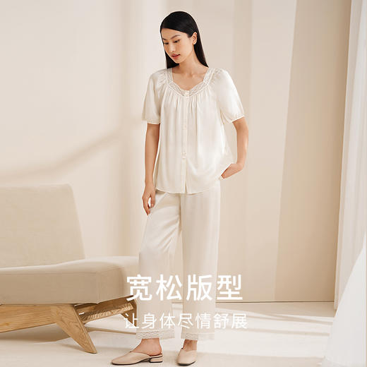 【法式蕾丝】金三塔真丝睡衣女100%桑蚕丝春夏宽松短袖方领衣裤套  YSFEB403 商品图2