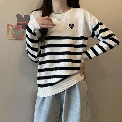 大码女2025春季新款显瘦宽松条纹针织打底衫胖妹妹遮肚高级感上衣 商品图2