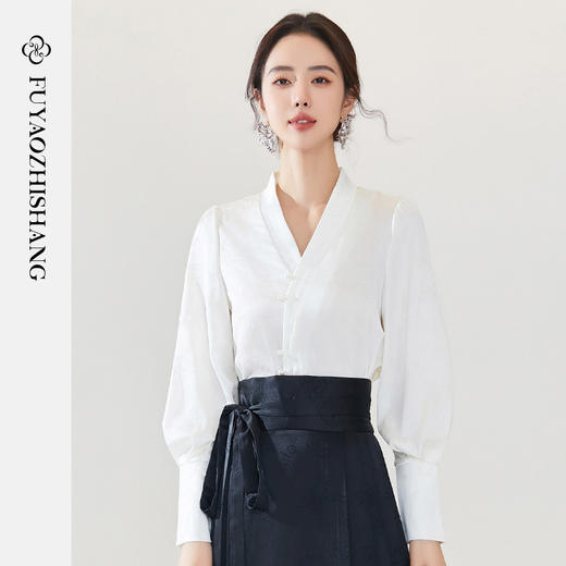 FUYAO扶摇 新中式交领上衣女白色提花珍珠扣衬衫新款国风改良汉服 商品图0