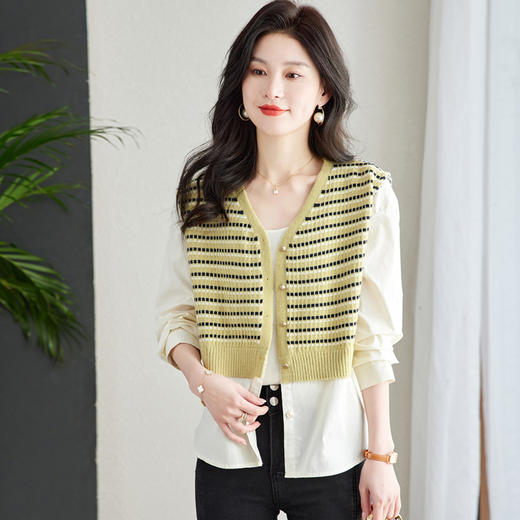针织拼接假两件上衣，遮屁股V领针织开衫CC-QL-S6686 商品图0