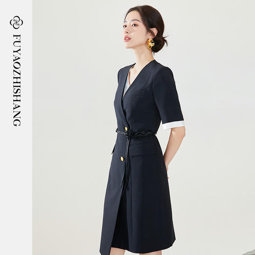 FUYAO扶摇 夏季连衣裙女新款假两件裙子中式盘结腰带设计感西装裙 商品图1