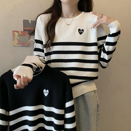 大码女2025春季新款显瘦宽松条纹针织打底衫胖妹妹遮肚高级感上衣 商品图0