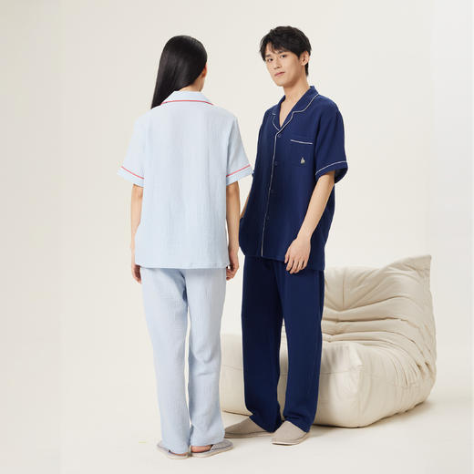 连绵·双层纱绉布100%棉开衫短袖长裤睡衣（男/女） 商品图6