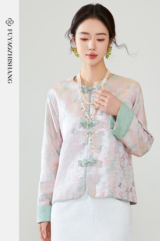 FUYAO扶摇 新中式短外套女粉色圆领提花上衣国风盘扣宋锦外套春季 商品图5