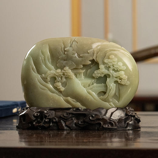 二十世纪 玉雕高山流水山子摆件（红木座） 商品图2