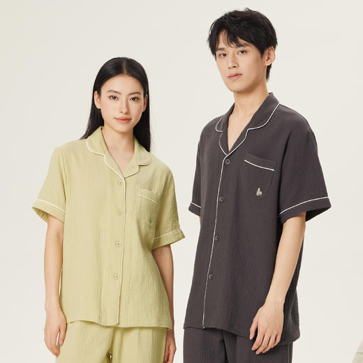 连绵·双层纱绉布100%棉开衫短袖长裤睡衣（男/女） 商品图0