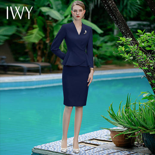 IWY/藏青色气质女神范儿荷叶边西装外套包臀裙时尚套装春季套裙CS1852 商品图1