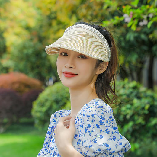 【时尚美观显头小！夏季珍珠遮阳帽】遮阳防晒防紫外线，小众设计，海边沙滩太阳空顶帽子，夏季草帽 商品图0