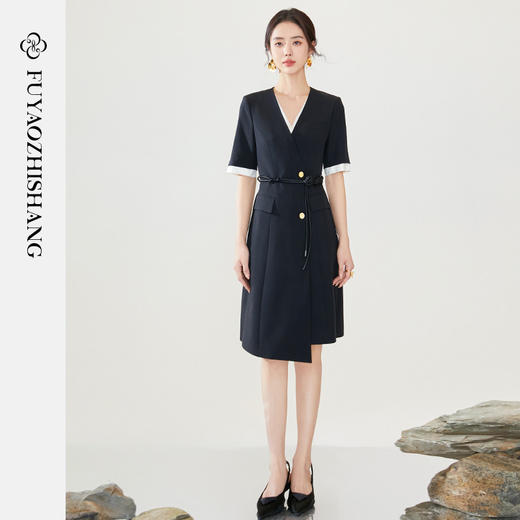 FUYAO扶摇 夏季连衣裙女新款假两件裙子中式盘结腰带设计感西装裙 商品图3