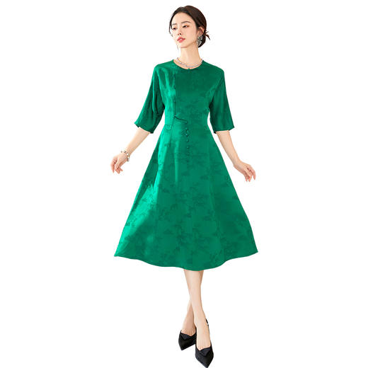 FUYAO扶摇 短袖连衣裙女2024夏季新款盘扣斜襟裙子轻国风提花长裙 商品图4