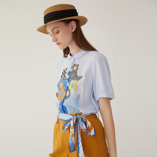 谜底定位印花衬衫短袖女2024夏新款复古小翻领宽松衬衣246MC7012 商品图1