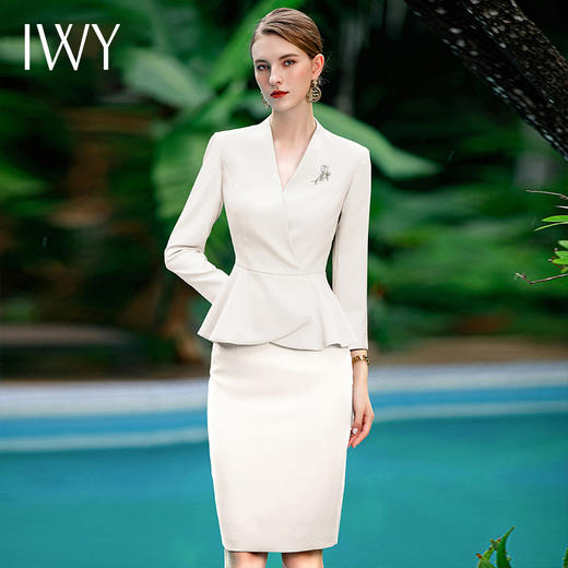 IWY/白色气质女神范儿荷叶边西装外套包臀裙时尚套装春季套裙CS1852 商品图1