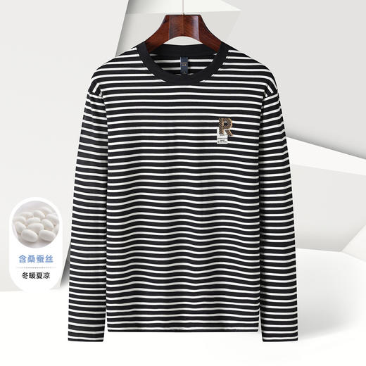 【桑蚕丝混纺】罗蒙春夏长袖T恤男士海魂衫休闲百搭经典男士圆领条纹T恤 商品图7