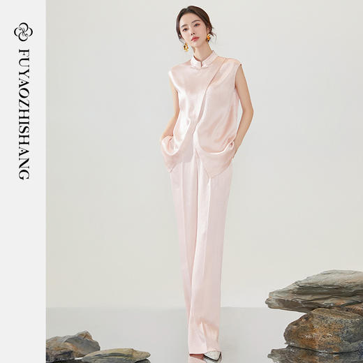 FUYAO扶摇 新中式衬衫两件套女夏季短袖肌理上衣立领佛系禅意套装 商品图3