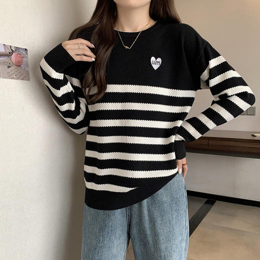 大码女2025春季新款显瘦宽松条纹针织打底衫胖妹妹遮肚高级感上衣 商品图1